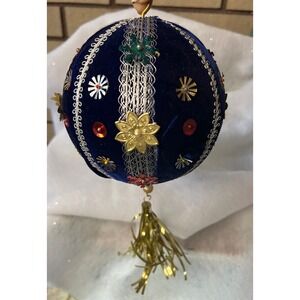 Vintage Blue Velvet Jumbo Christmas Ornament Gold Tassel Gemstone